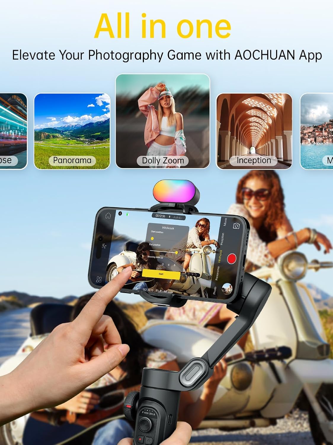 3-Axis Gimbal Stabilizer for Smartphone with RGB Magnetic Fill Light Upgraded Face Tracking Focus Wheel Foldable iPhone Gimbal for iPhone/Android Phone Stabilizer Vlog Recording Smart XE Kit