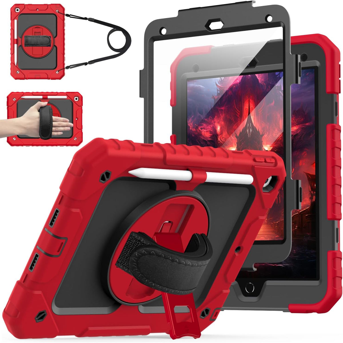 Cantis Case for iPad 9th/8th/7th Generation with Screen Protector, iPad 10.2 Case 2021/2020/2019 with 360 Degree Rotating Stand/Shoulder Strap/Pencil Holder, Red
