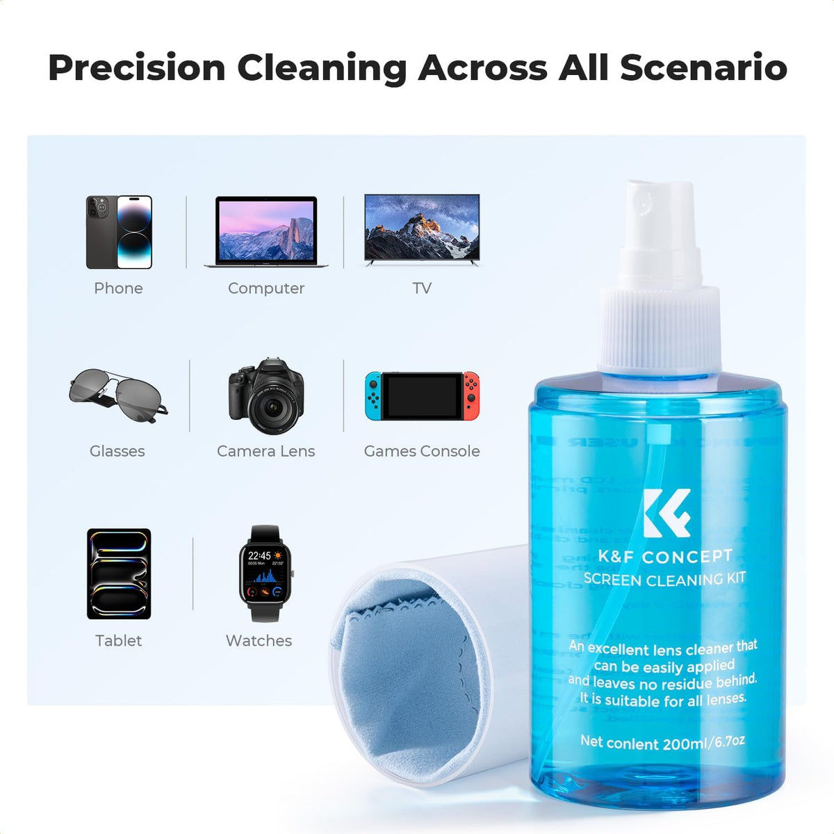 KF Concept Screen Cleaner Spray, with 2 Microfiber Cleaning Cloth, Touchscreen Cleaning Kit for LCD LED DVD TV, Smartphone, iPad, Laptop, Tablet Monitor, Computer Monitor, Electronic Devices (200ml)