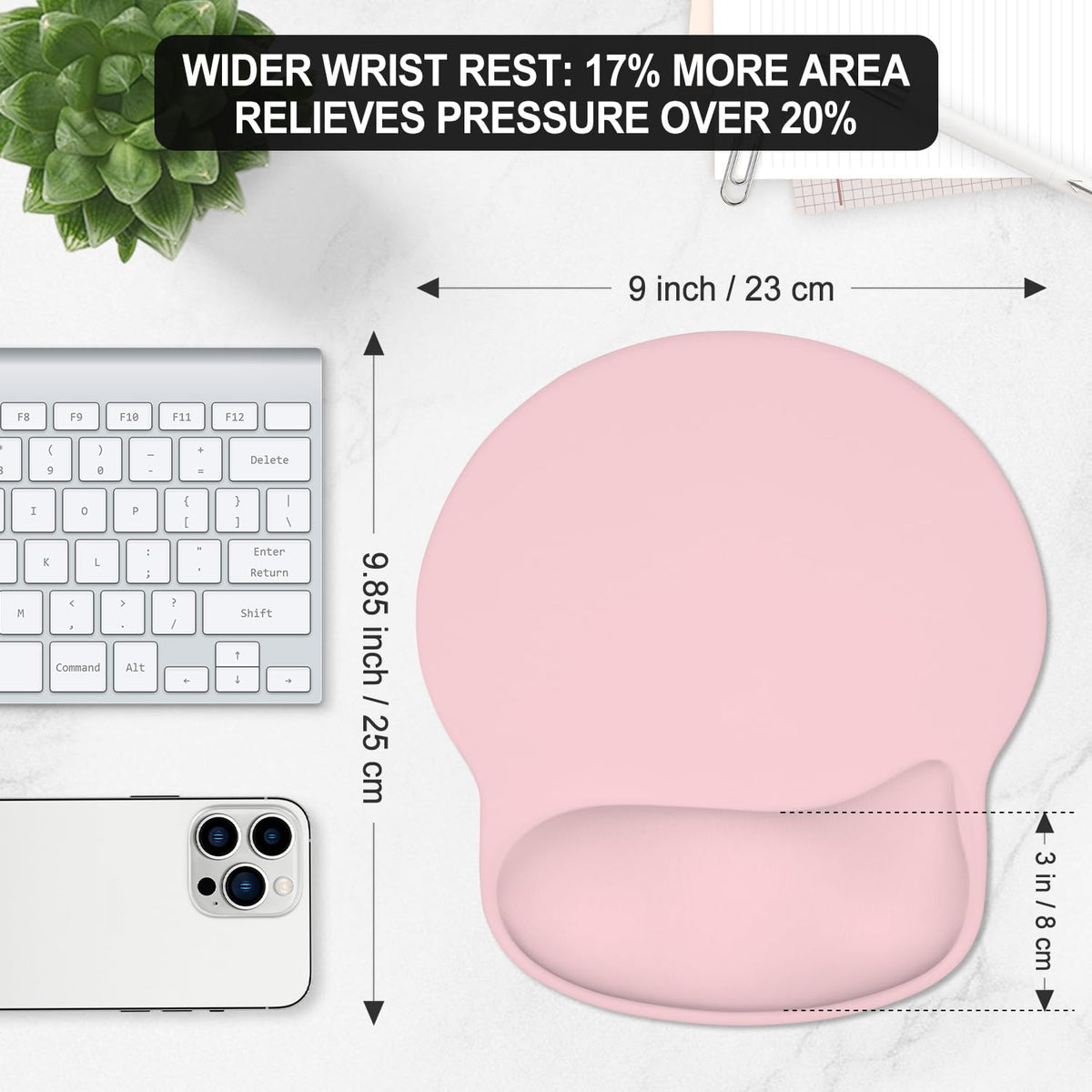 ITNRSIIET Ergonomic Mouse Pad with Wider Memory Foam Wrist Rest +17%, Curved Cushion Reduces Pressure 20%, Pain Relief, Non-Slip, Smooth, Cute Color Desk Accessory, 9.85 x 9 inch, Blush Pink