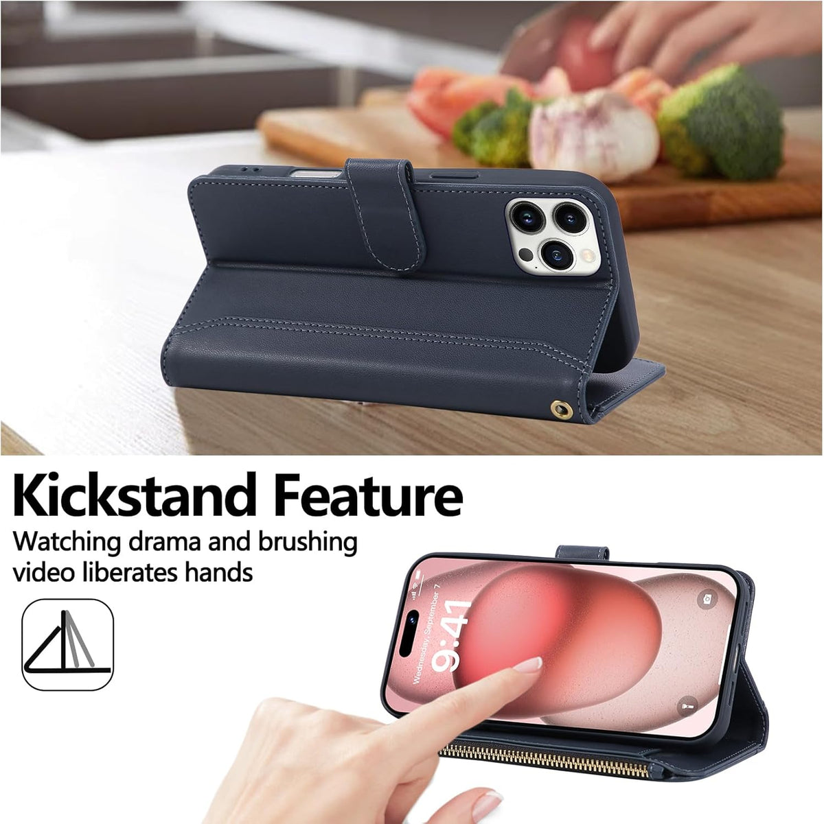 Compatible with iPhone 15 Pro Max Wallet Phone Case-PU Leather Magnetic Flip Cover with Credit Card Slots,Zipper Pocket & Detachable Wrist Strap,Shockproof Design,for Women and Men-Navy Blue