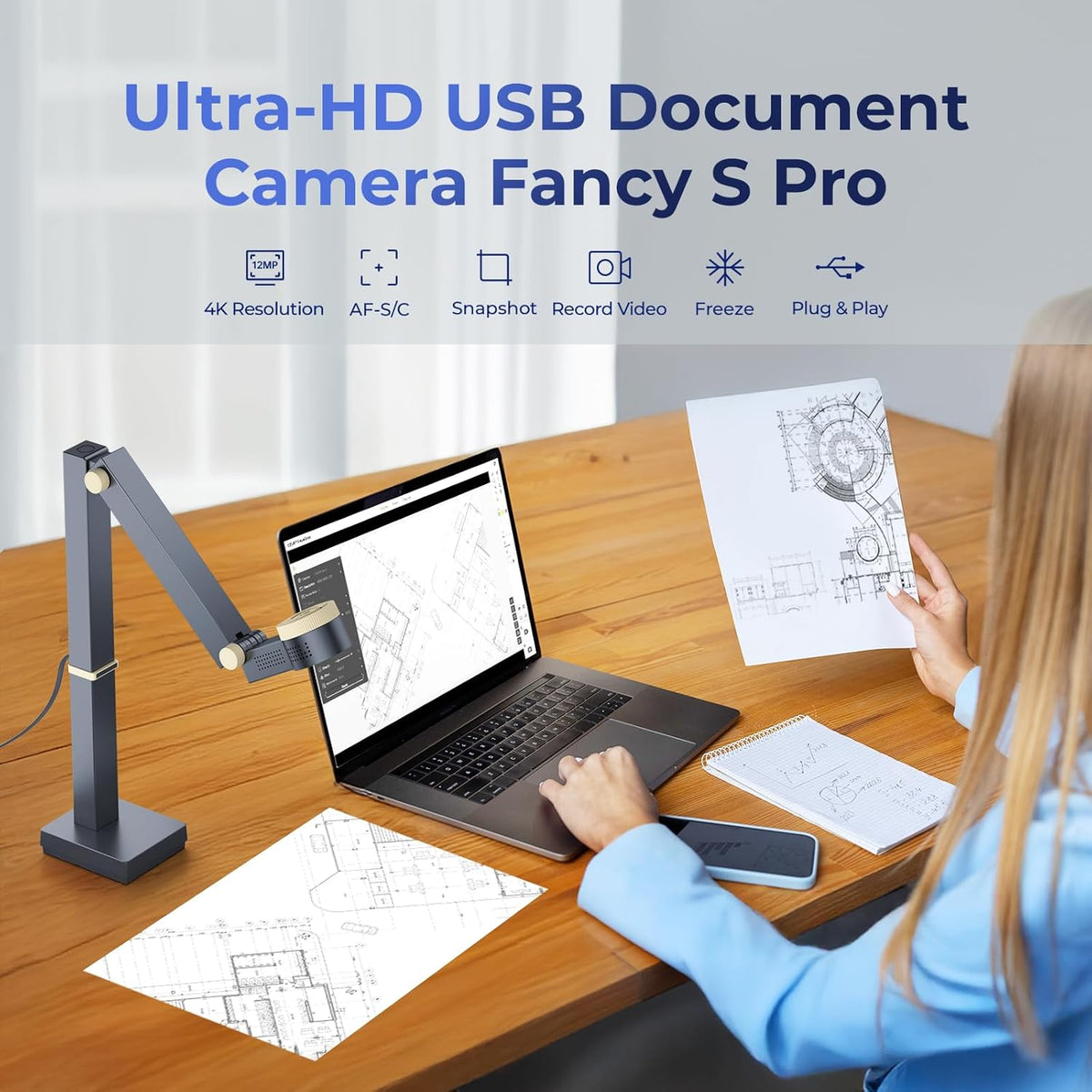CZUR Fancy S Pro 12MP USB Document Camera for Teacher, 4K Webcam with Microphone and LED Light, Up to 60fps, Auto Focus, for Remote Teaching, Live Streaming, Web Conference, for Mac and Windows