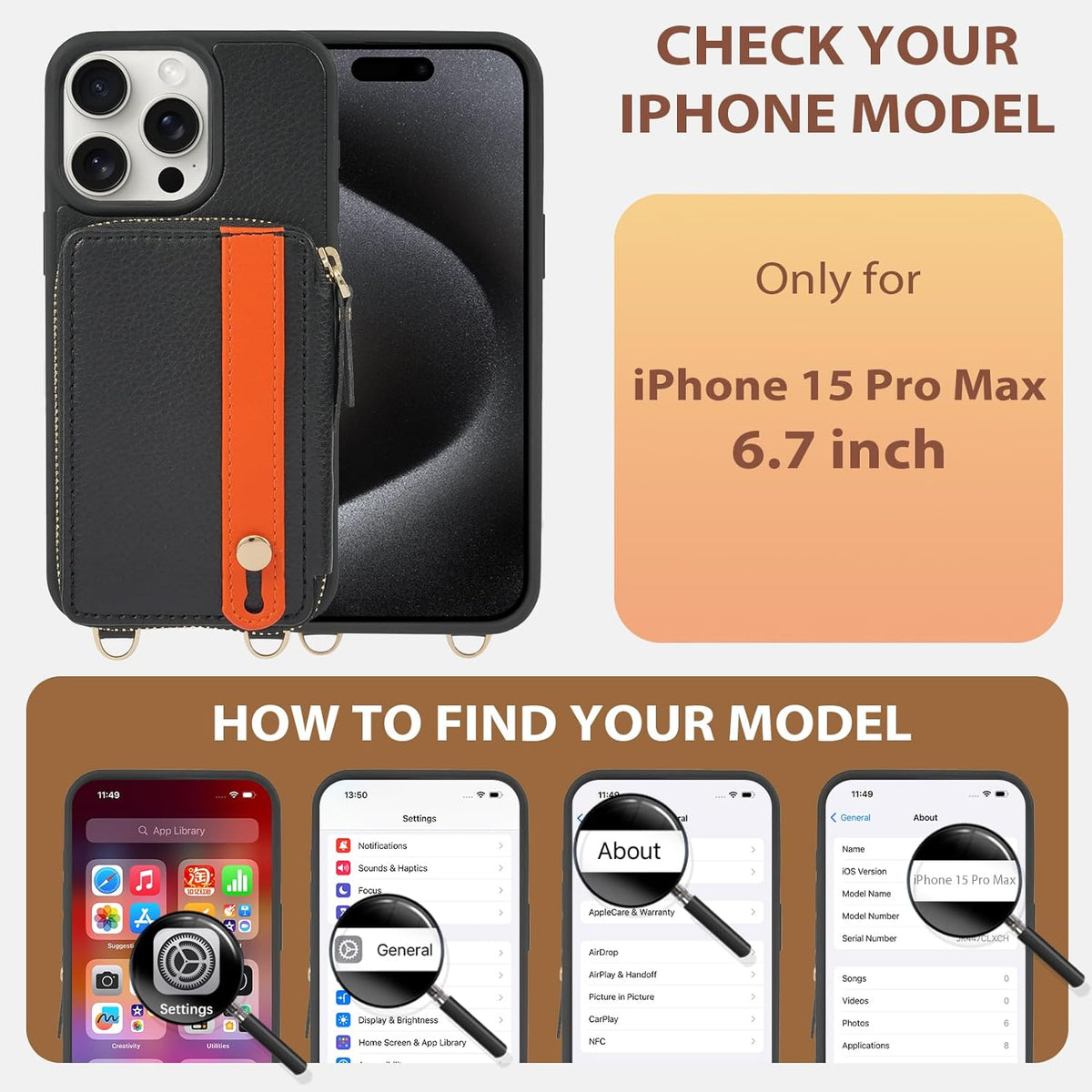 LAMEEKU for iPhone 15 Pro Max Wallet Case with Card Holder, Zipper Leather Crossbody Case with Kickstand Wrist Strap Lanyard for Women, Cover Phone Grip Holder Stand 6.7" -Black