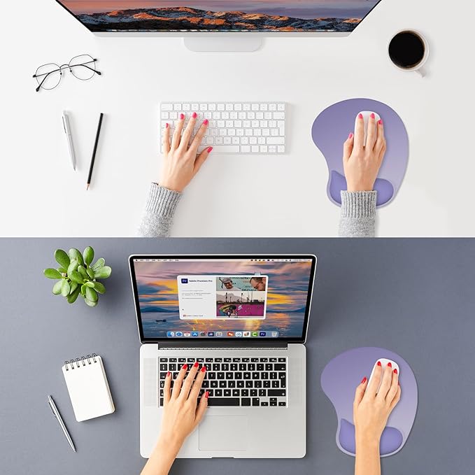 ITNRSIIET Ergonomic Mouse Pad, Cushioned Gel Wrist Rest, Non-Slip Base, Smooth Surface, Compatible with All Mice for Office & Gaming, Desk Accessory, 9.5 x 8.2 inch, Purple Gradient