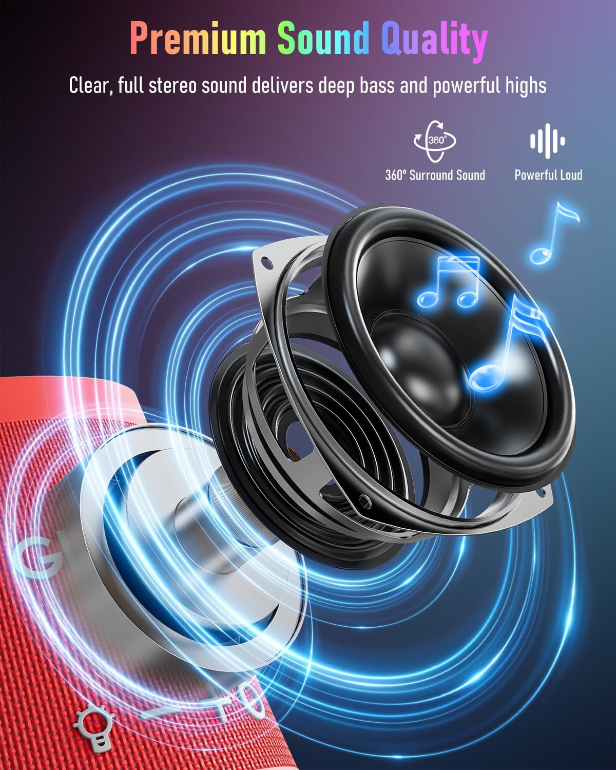 Portable Bluetooth Speaker Wireless with 9 Color Lights, 20H Playtime, Stereo Pairing, Deep Bass, IPX6 Waterproof, Bluetooth 5.3, Small Speaker for Home, Party, Outdoor, Camping, Beach, Gift