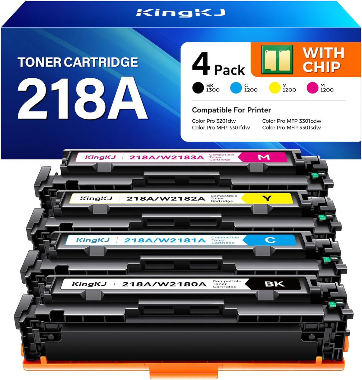 218A Toner Cartridges Set with chip 4-Pack 3301fdw Replacement for HP 218A W2180A W2181A W2182A W2183A 218X W2180X Black Compatible with HP Color Laserjet Pro MFP 3301cdw 3301sdw 3201dw Printers Ink