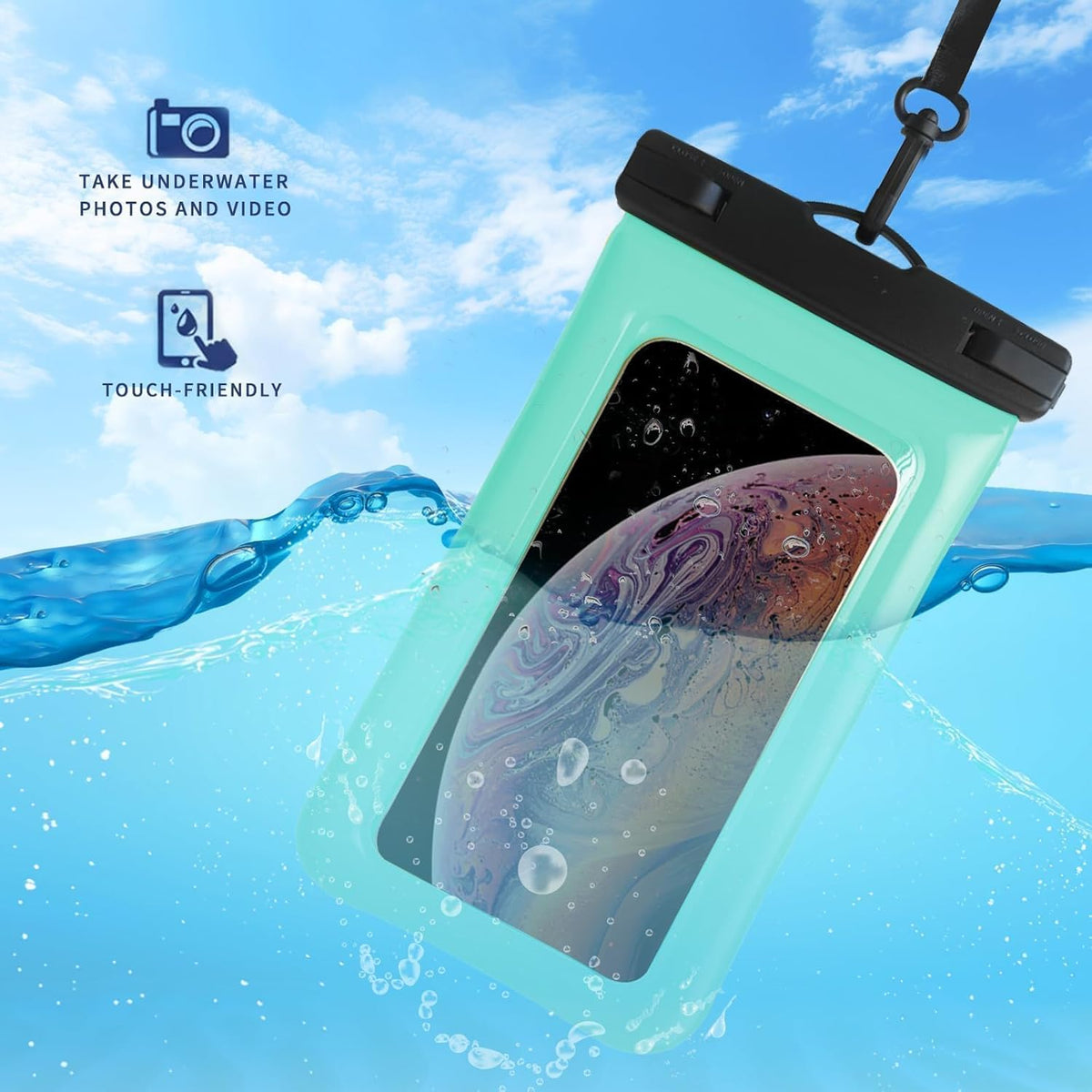 Floatable Soap Bubble Waterproof Phone Pouch/Case with Crossbody Lanyard for iPhone 16 Pro Max/15 Pro/14/13/12, IP68 Cellphone Dry Bag Beach Cruise Ship Essentials, 1 Pack-Green-7″
