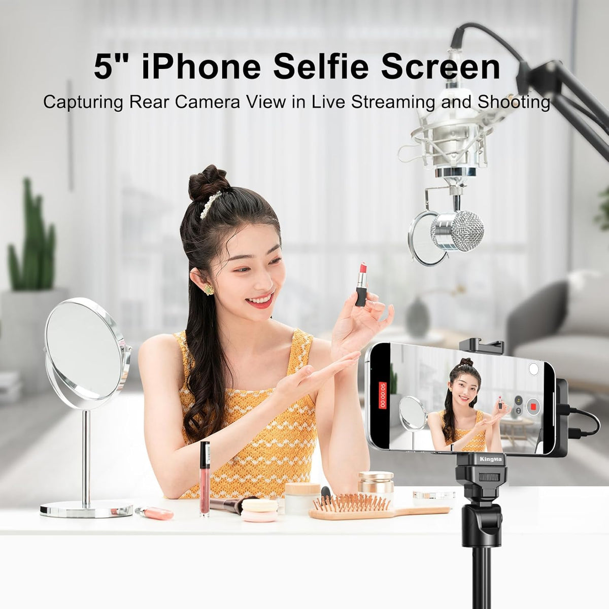 King Ma 5" Phone Vlog Selfie Monitor Screen,Back Camera Monitor for iPhone with Magnetic Phone Clip & Bluetooth Remote for Vlog/Live Stream/Teleprompter/TikTok,Support 4K 30fps Wired Recording