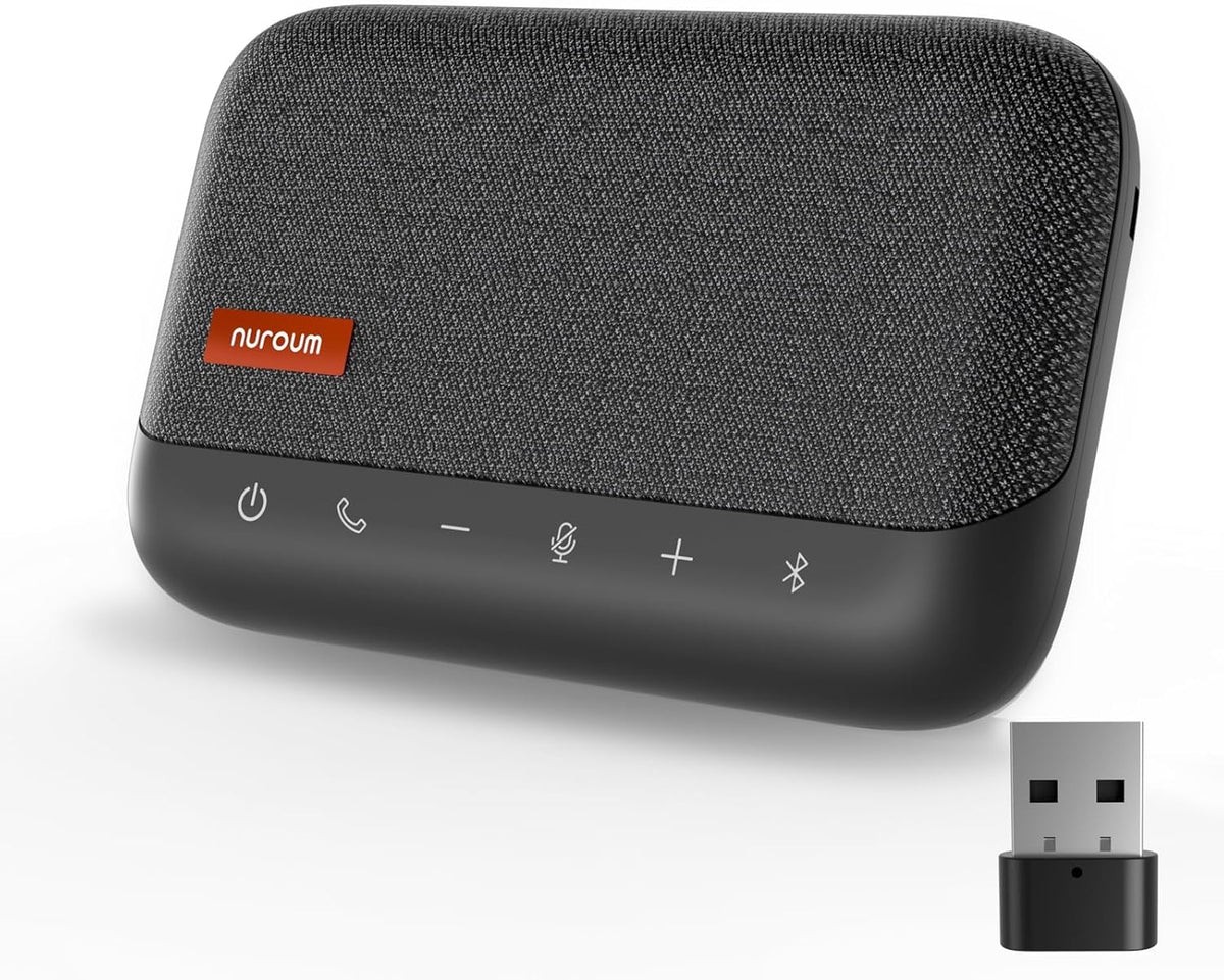 NUROUM A15 Conference Speaker and Microphone, Portable Bluetooth Wireless Speakerphone, 360° Noise Cancelling Voice Pickup, Daisy Chian for Calls/Computer/PC/Laptop via Bluetooth/Dongle/USB-A/C Grey