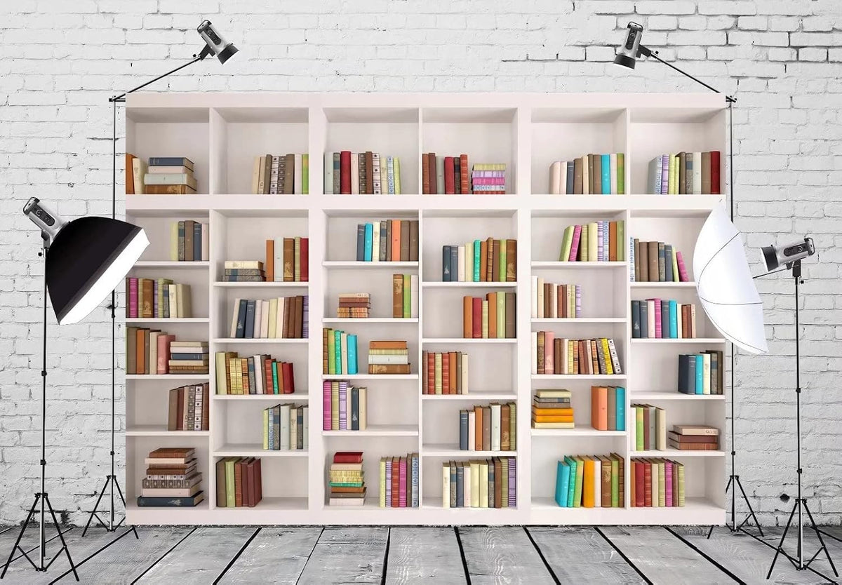 BELECO 5x3ft Telecommuting Fabric White Modern Bookshelf Backdrop Bookcase Photo Backdrops Office Backdrop for Video