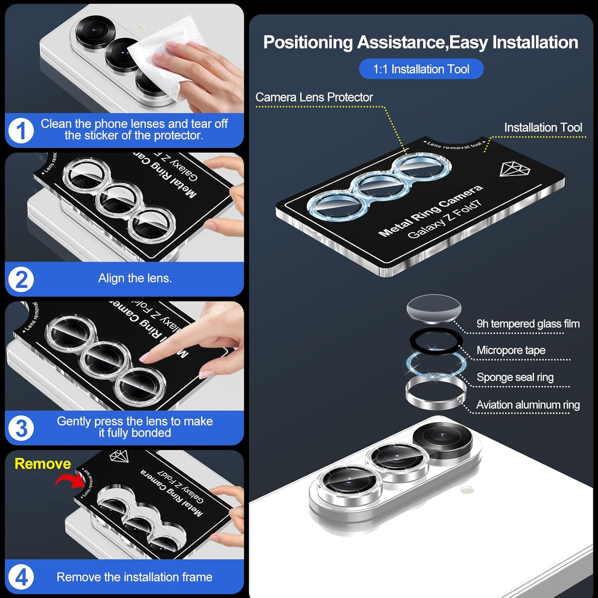 for Samsung Galaxy Z Fold 7 Camera Lens Protector, Individual Metal Ring Tempered Glass Lens Cover, [Strong Adsorption] Scratch Resistant Ultra-Thin HD Clear Lens Cover, 1 Set-Blue Sparkly