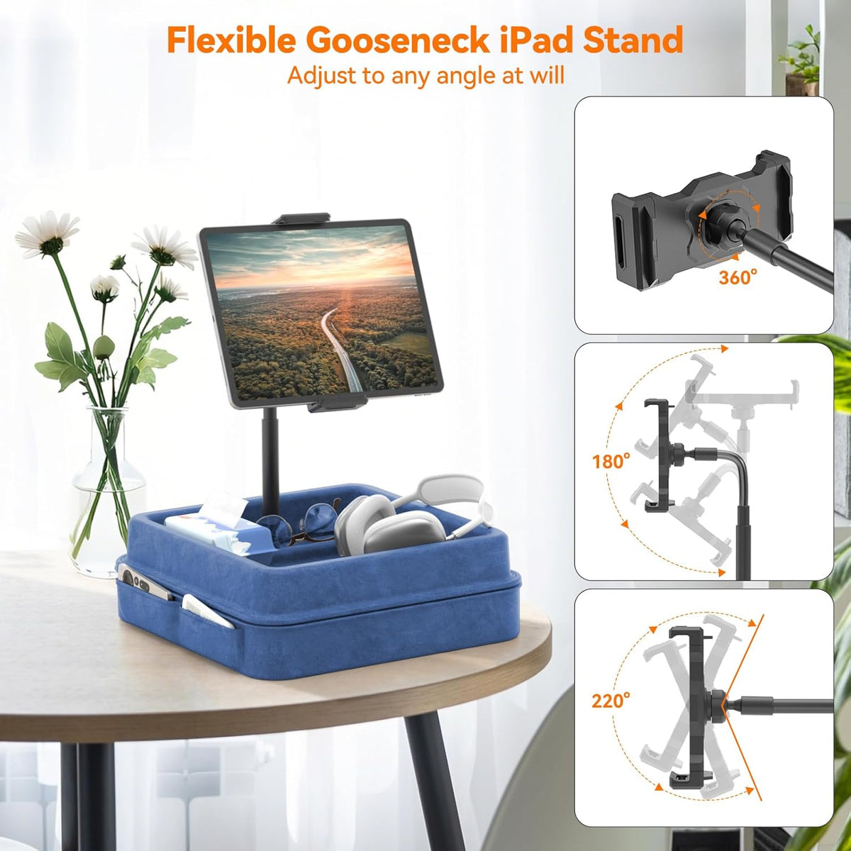 KDD Tablet Pillow Holder - 360°Adjustable iPad Pillow Stand for Lap, Bed and Desk - Gooseneck Tablet Soft Pad Dock with Storage Tray and Pocket Compatible with iPad Pro 12.9, Air Mini, Phone,(Blue)