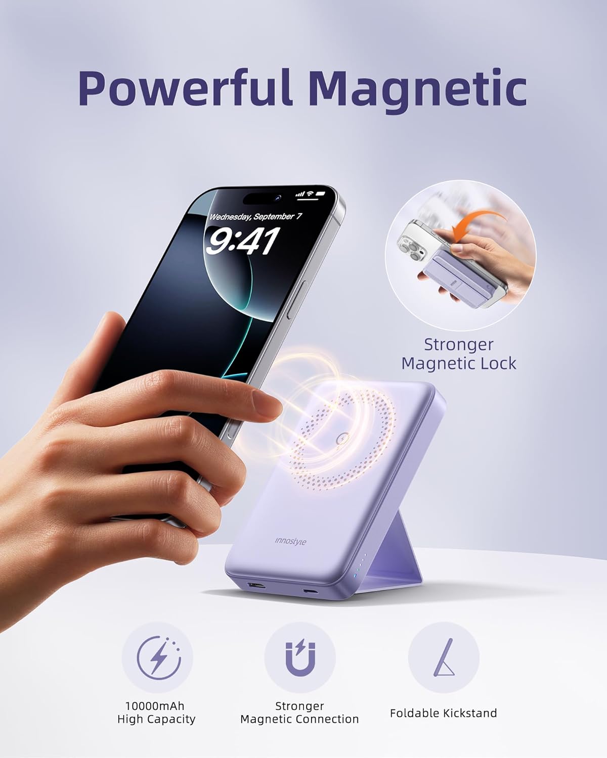 MagSafe Power Bank 10000mAh [3-in-1 with Stand] Wireless Charger, 20W Fast Charging for iPhone 16/15/14 Series, Samsung Galaxy, AirPods | Slim Portable Magnetic Battery | Purple