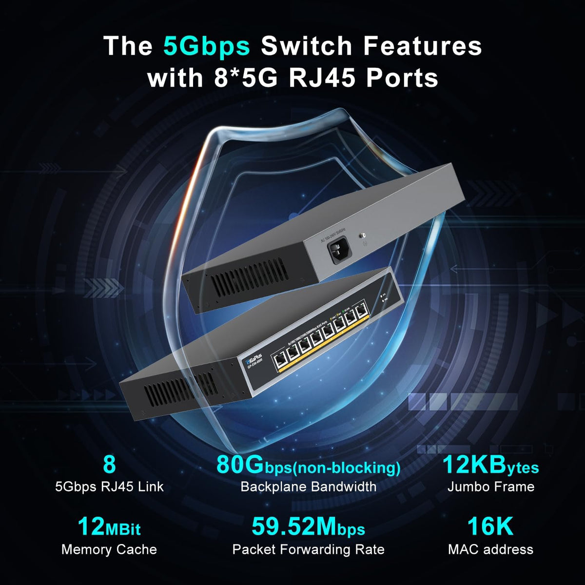 8 Ports 5Gb Unmanaged Ethernet Switch with 8*5G Base-T Ports. GiGaPlus 5Gbps Network Switch for 5Gbe NAS/PC, 5Gbps Adapter/NIC, WiFi7 Router, Desktop/19-inch Rack Mount