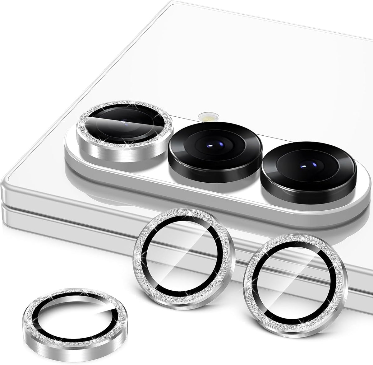 for Samsung Galaxy Z Fold 7 Camera Lens Protector, Individual Metal Ring Tempered Glass Lens Cover, [Strong Adsorption] Scratch Resistant Ultra-Thin HD Clear Lens Cover, 1 Set-Silvery Sparkly