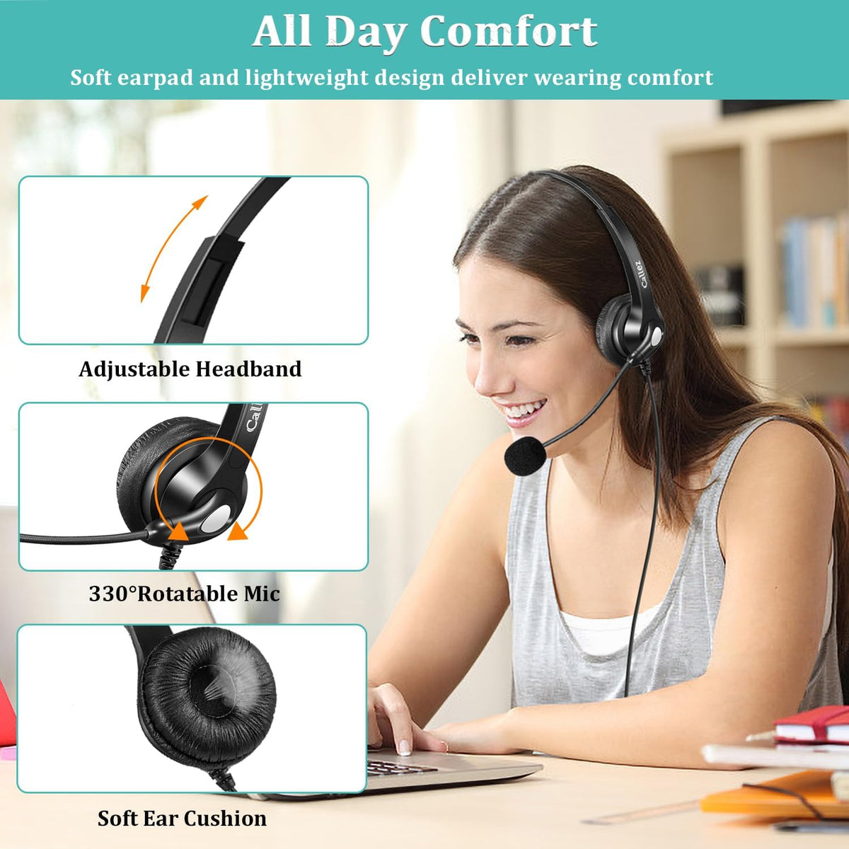 Callez 3.5mm Headset with Microphone Noise Cancelling for Cell Phone PC Laptop, Stereo Computer Headphones for iPhone Samsung Mac Call Center Office Skype, in-line Control, Clear Chat