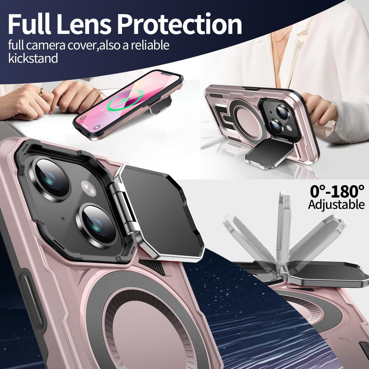 Camera Stand Case for iPhone 13/14, [Compatible with Mag Safe] [Lens Cover] 2024 Version Military Grade Protective Soft Case for iPhone 13/14 6.1 inch Men Women, Pink