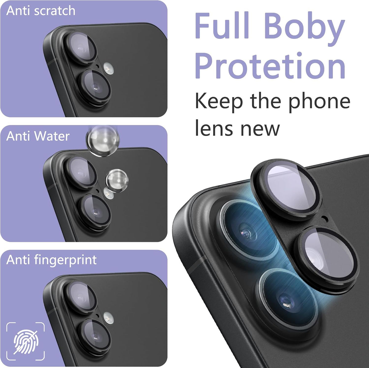 2 Pack Camera Lens Protector for iPhone 16 / iPhone 16 Plus,[Not Easy to Breakn ] AR Tempered Glass Strong Adsorption Metal Camera Cover Screen-Black