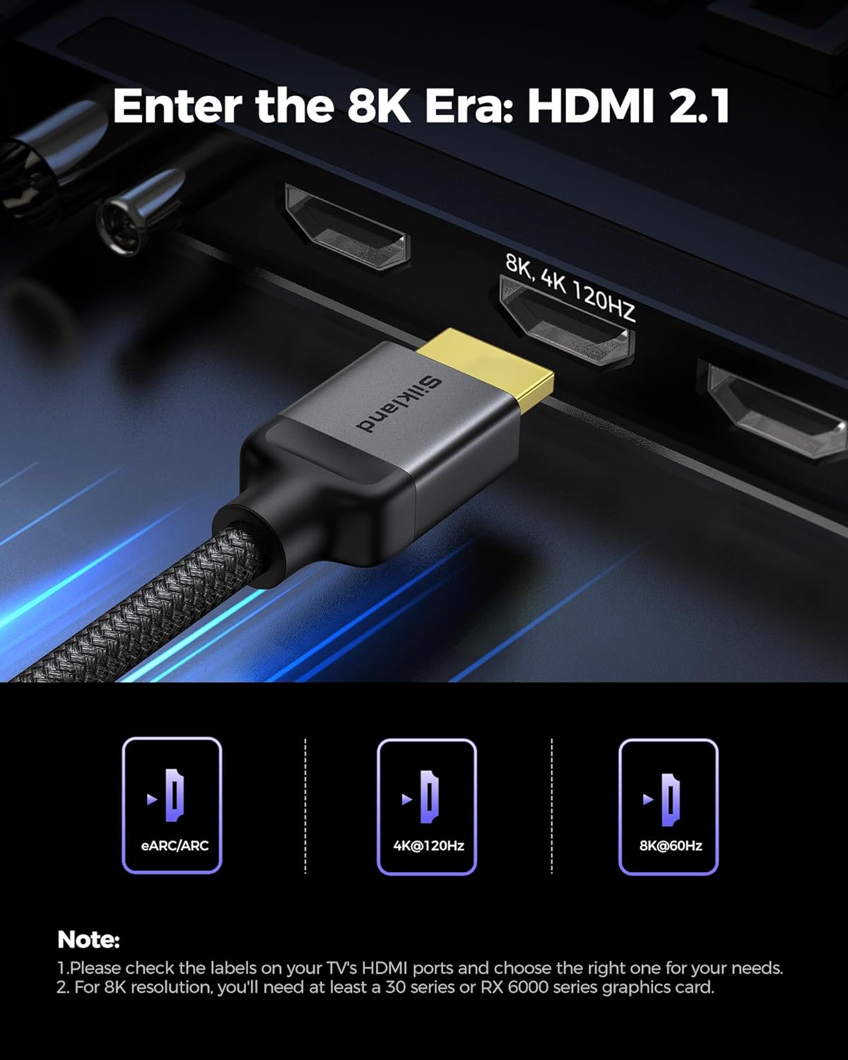 Silkland 1FT Short 10K 8K HDMI 2.1 Cable, (Nylon Braided) Ultra High Speed HDMI Cable [8K@60Hz, 4K@240Hz 144HZ 120Hz] 48Gbps, HDR 10+, eARC, ARC, HDCP 2.2&2.3, Compatible for PS5/Xbox/Roku TV