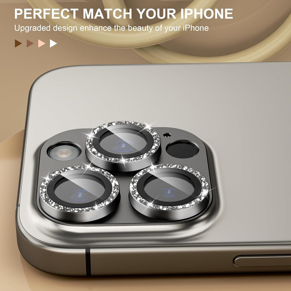 beuxece Compatible for iPhone 16 Pro/iPhone 16 Pro Max Camera Lens Protector, Bling Metal Tempered Glass Camera Screen Cover Accessories [Strong Adsorption][Case-Friendly]- Glitter Titanium Natural
