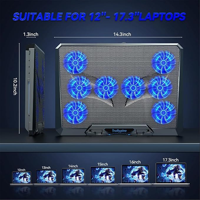 Laptop Cooling pad for Hp EliteBook 820 G1 Gaming laptops Laptop Cooler with 8 Fan Adjustable Speed 5-Level Height Adjustment Mute Silent2 USB-A PortBuilt-in Phone Stand