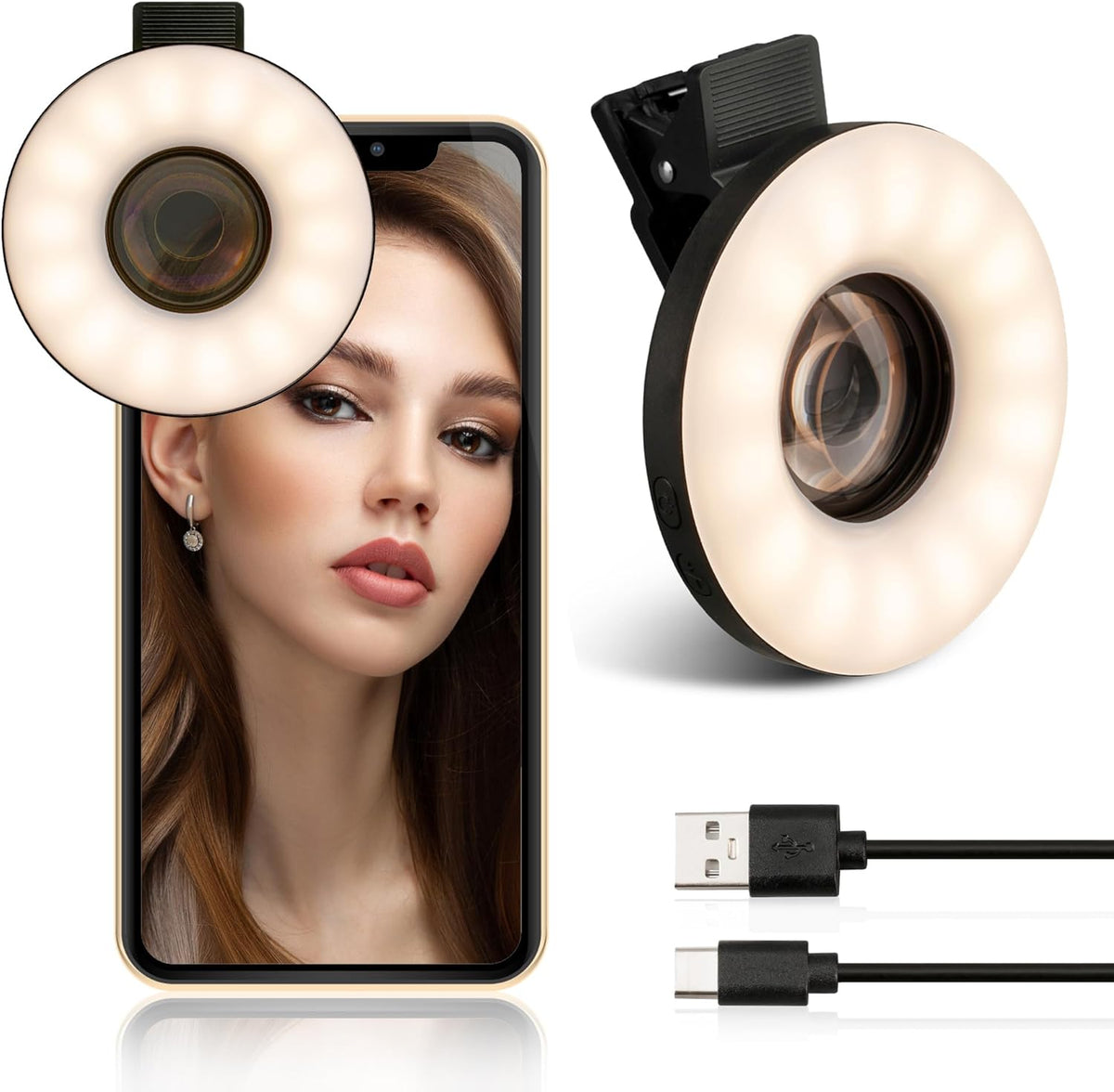 37mm Macro Lens for iPhone and Android with Mini Clip Ring Light, Portable Rechargeable Dimming, for Smart Phone Photography, Camera Video Recording, Black