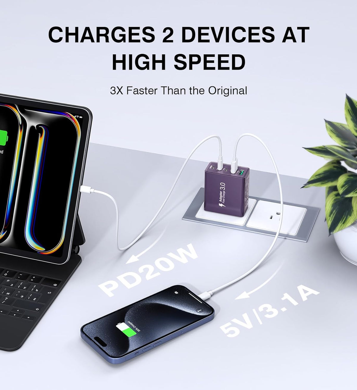 [2Pack] 50W USB C Plug,5-Port Fast Charger Block PD+QC Cube Wall Charging Box Brick for iPhone 16/15/14/13 for Samsung Galaxy S24/S23/S22/S21+/S21 Ultra, Magsafe Wireless Charger,(Purple)