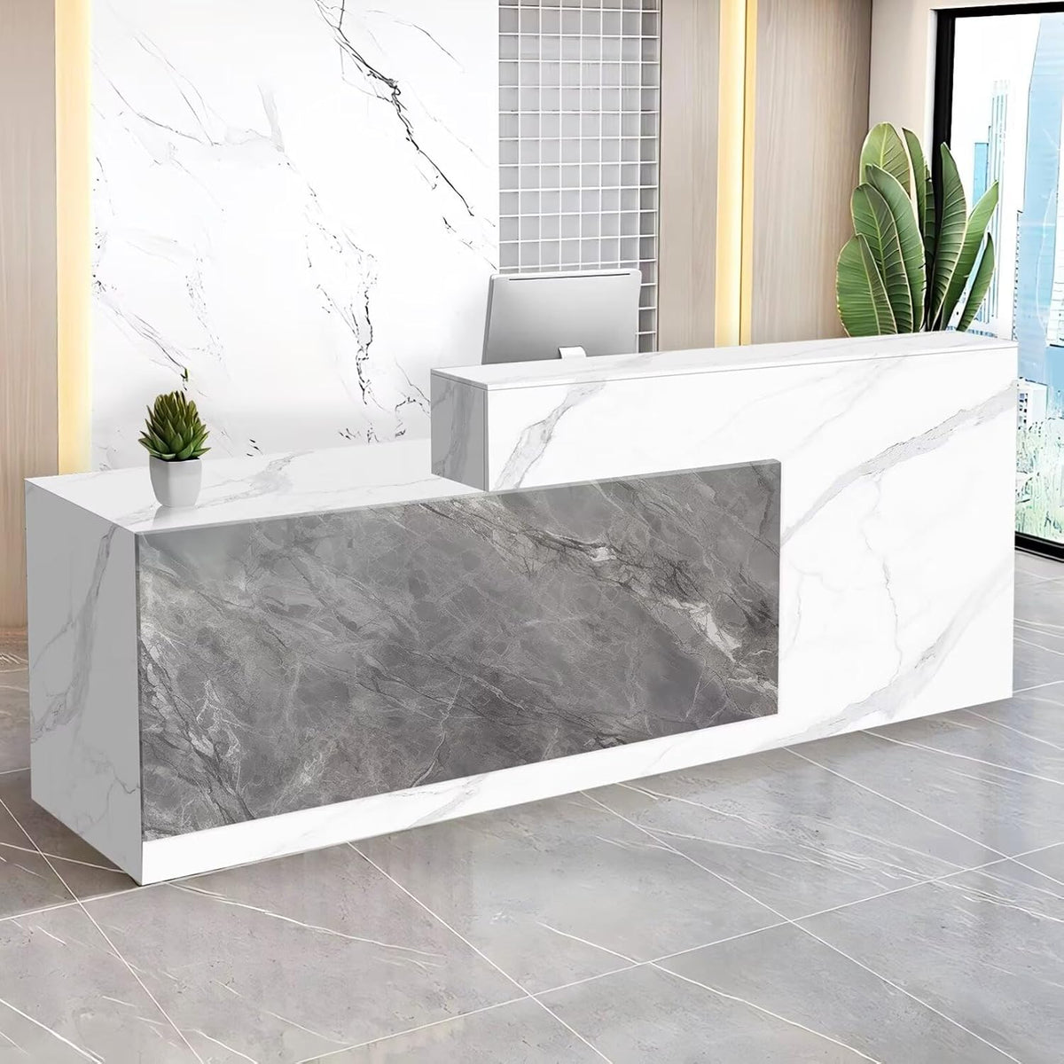 Reception Desk with Counter Modern Checkout Counter with Lockable Drawer Keyboard Tray Receptionist Desk for Office Salon Reception Table F Left 59inch/150cm