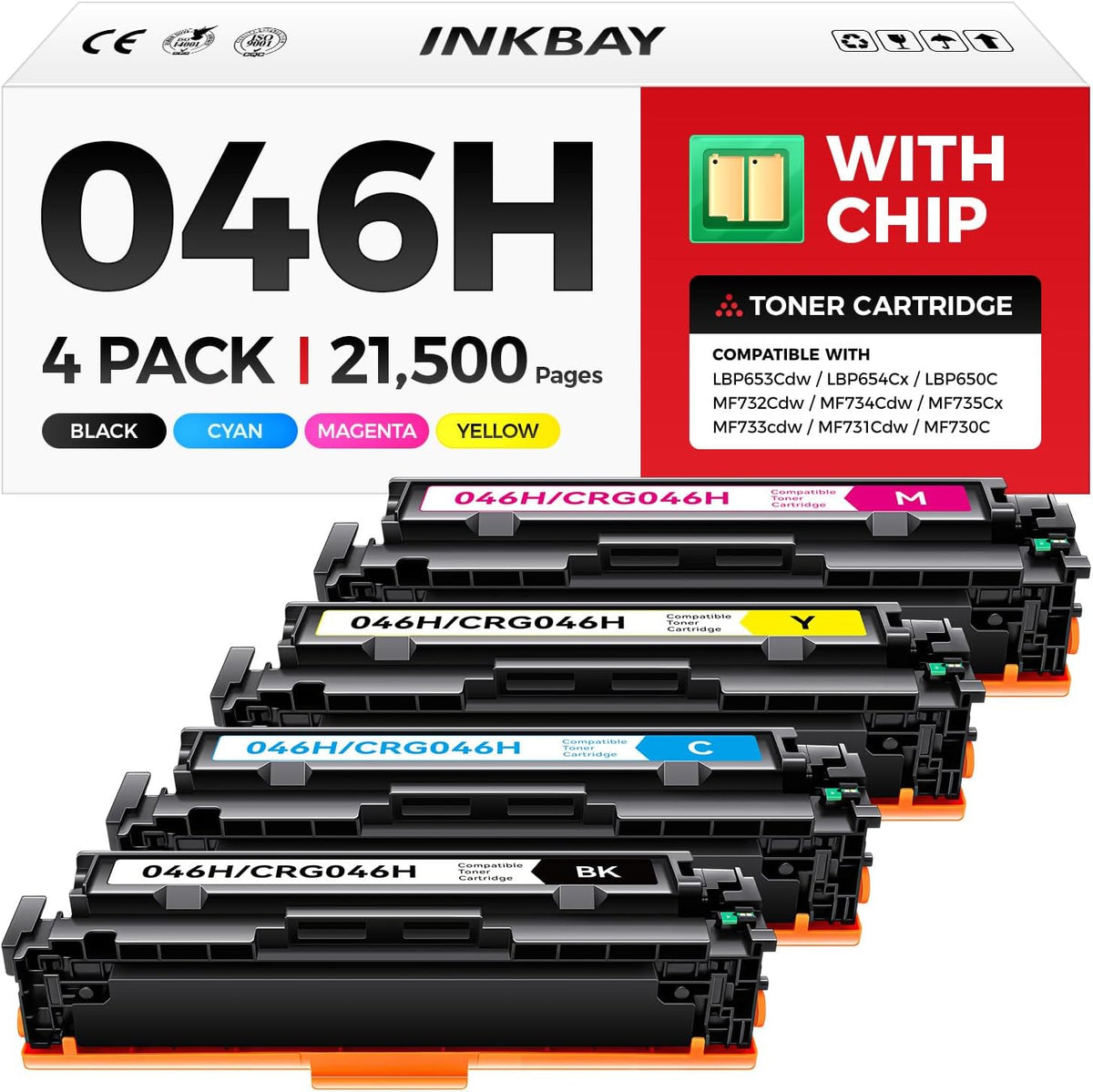 046H Toner Cartridge Set with Chip High Capacity Replacement for Canon CRG-046H 046 Toner Cartridges Compatible with LBP654Cdw MF731Cdw MF733Cdw MF735Cdw Printer (Black Cyan Yellow Magenta, 4-Pack)
