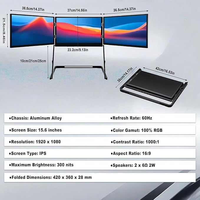 15.6 Laptop Tri-Fold Monitor Triple Screen Laptop Extender 15.6 1080P IPSPro Max MonitorPortable Monitor with USB-C &amp HDMIwith 360° Rotation Adjustable Viewing AnglesCompatible with Mac/Win