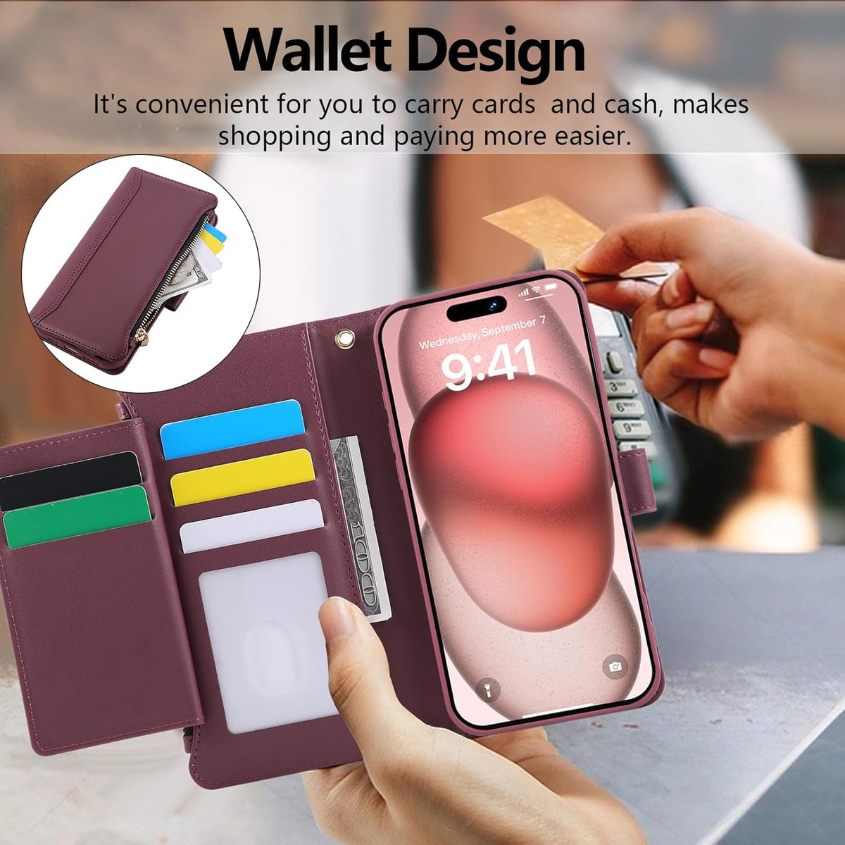 Compatible with iPhone 15 Pro Wallet Phone Case-PU Leather Magnetic Flip Cover with Credit Card Slots,Zipper Pocket & Detachable Wrist Strap,Shockproof Design,for Women and Men-Claret