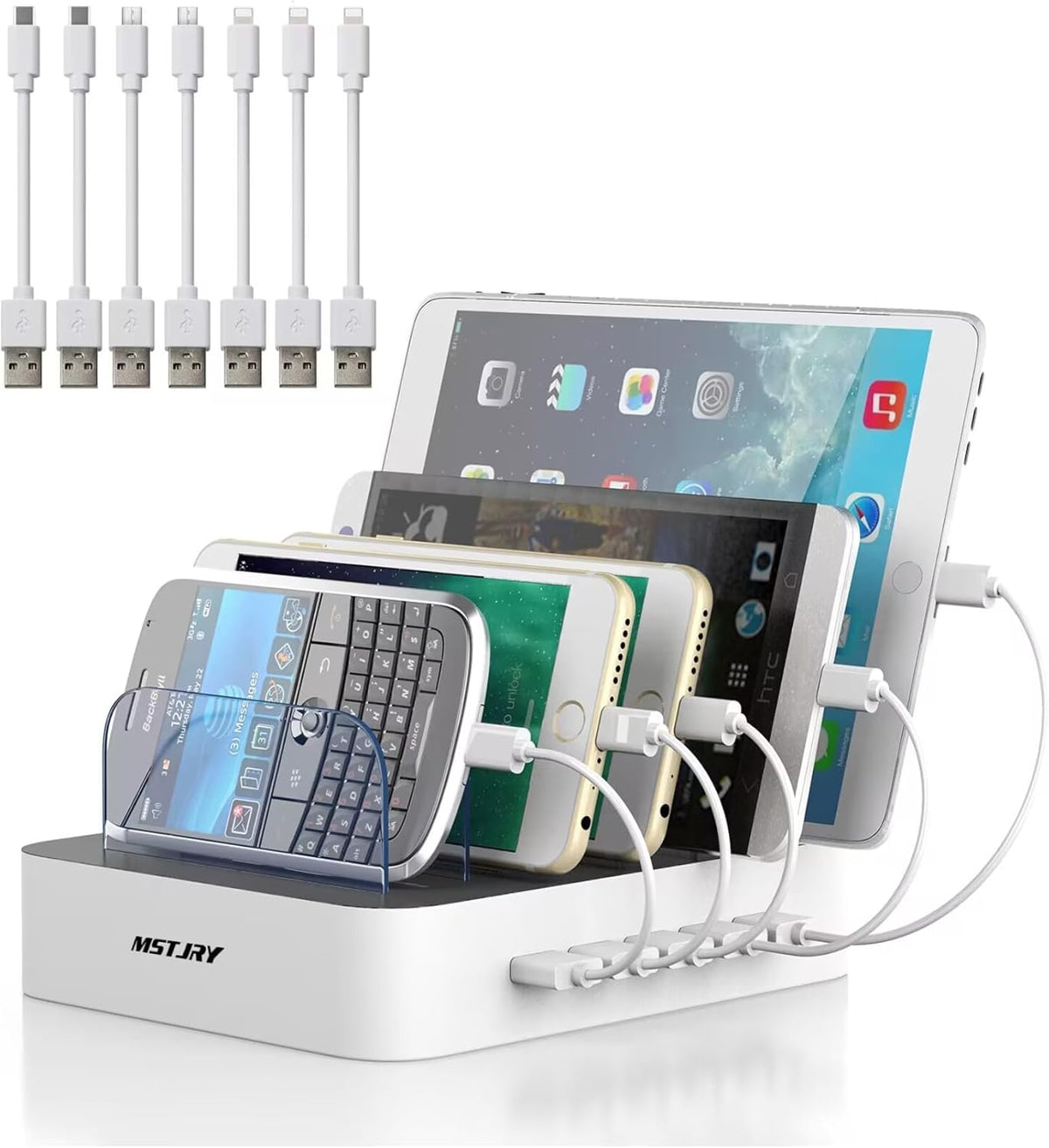MSTJRY Charging Station for Multiple Devices : 5 Port Multi USB-A Charger Stations Multi-Device Organizer Charging Dock Designed for iPhone iPad Cell Phone Tablets (7 Short Cables Included)