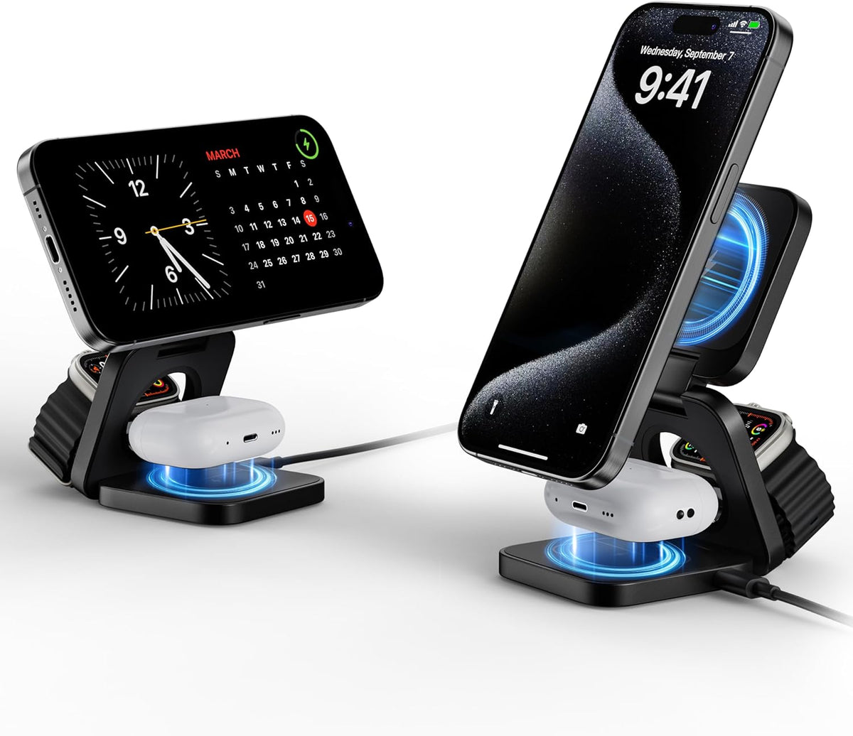 3-in-1 Wireless Charger Stand, LULULOOK 15W Magnetic Charger Wireless Fast Charging Station for iPhone 16/15/14 Series, Aluminum 5W Charger for Apple Watch, AirPods, USB-C Charging Cable Included