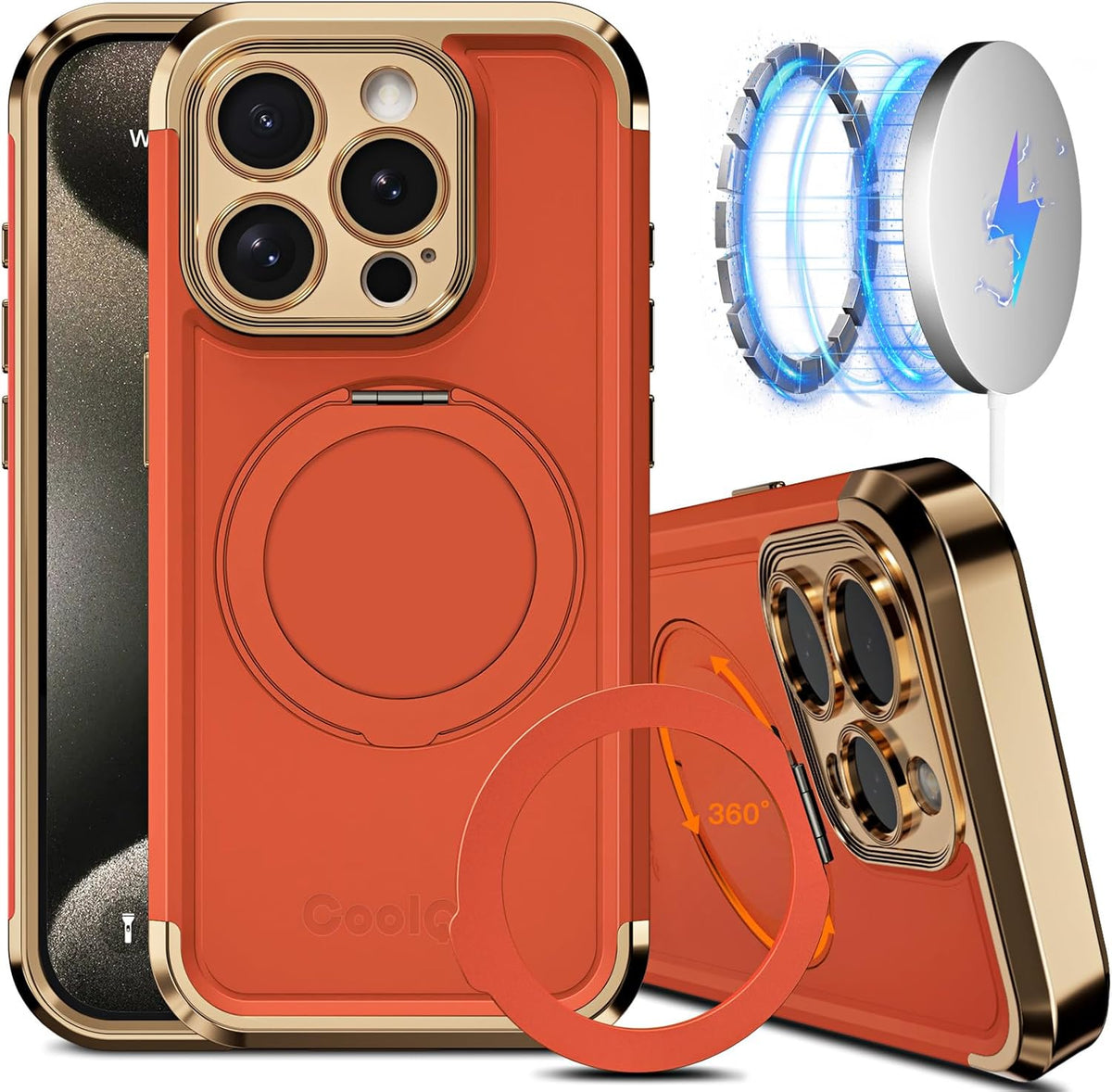 COOLQO for iPhone 15 Pro Max Case 6.7'' Upgraded 360° Spin Magnetic Stand [Compatible with Magsafe][Military Protection] Shockproof Protective Phone Holder Cover for iPhone 15 Pro Max, Orange Gold