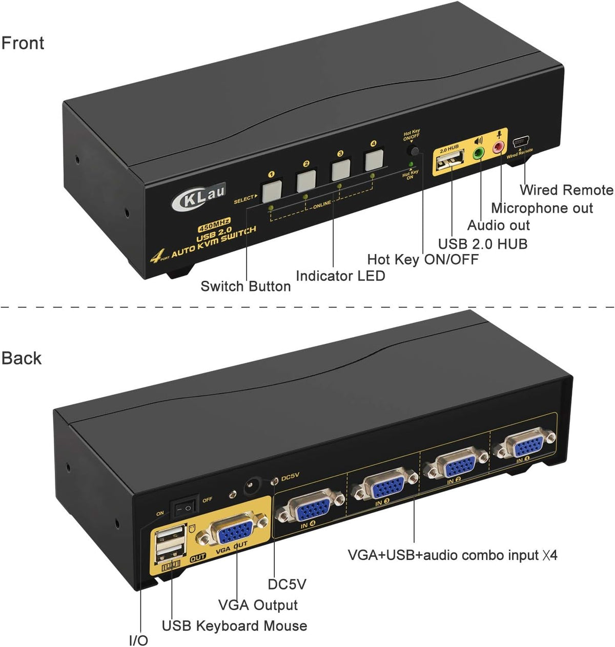 CKLau 4 Port 450MHz USB Auto VGA KVM Switch with Audio and Cables, Monitor Switch for Multiple Computers Support Windows, Linux, Mac, Debian, Ubuntu, Fedora, Raspbian, Ubuntu