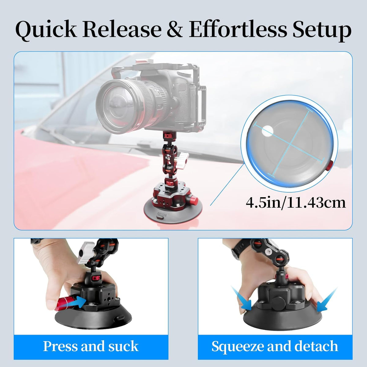 FIFIELD 4.5in Suction Cup Camera Mount with Aluminum Ball Head Magic Arm, 1/4" ARRI Holes, Quick Release Car Mount with Phone Holder & Action Cam Adapter Compatible with DJI Pocket 3 Insta360 iPhone