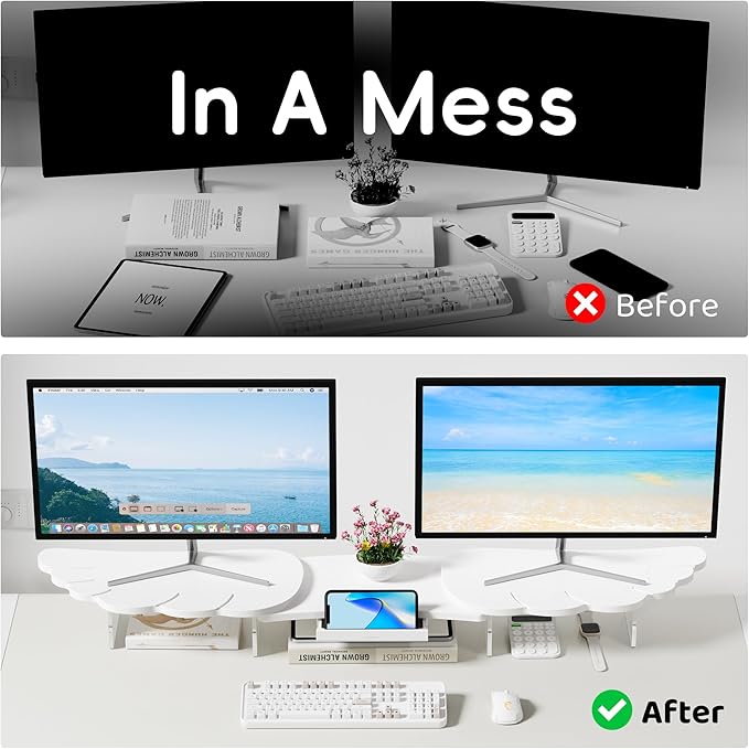 AFOOYO Dual Monitor Stand Riser, Wing-Shaped Sturdy Desktop Wood Stand for 2 Monitors, White Riser for Laptop, PC, Computer