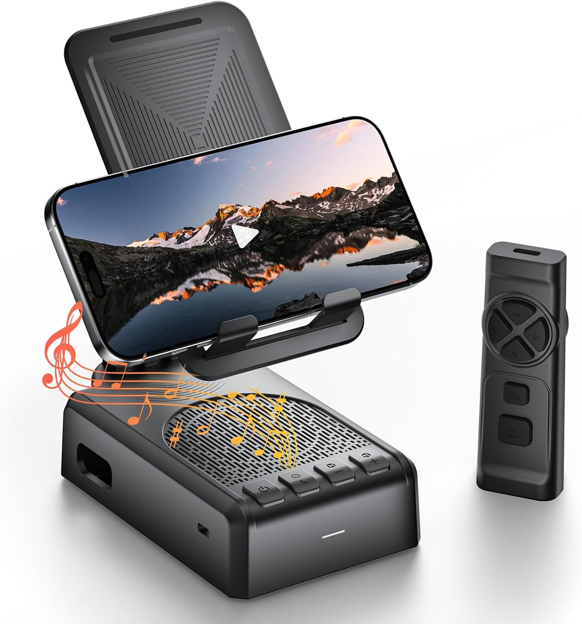 Cell Phone Stand with Bluetooth Speaker and Remote Control(Video Control/Camera Control),Birthday Gift, Portable Bluetooth Speaker for Home and Outdoors, All Day Playtime, Compatible with iOS/Android