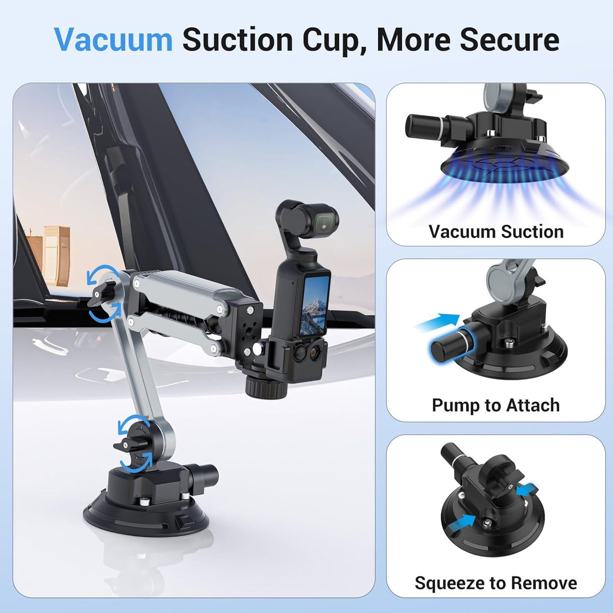 Geyo Camera Suction Cup Mount, Aluminum Alloy Multi-Function Shock Absorber Arm Stabilizer, 4" Vacuum Suction Cup, 1/4" Mounting Holes Car Mount for Insta 360 X4, for DJI Pocket 3, for GoPro, Silver