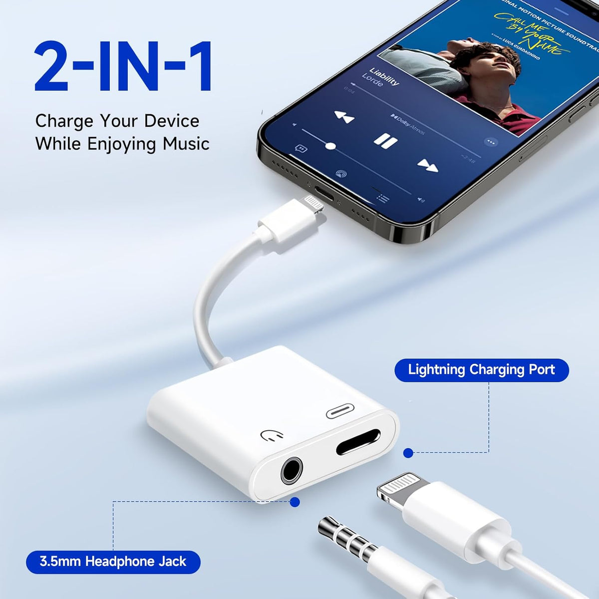 [Apple MFi Certified] 2-in-1 Charging & Audio Adapter for iPhone, Lightning to 3.5mm Headphone Jack Dongle Splitter, Supports Hi-Res Lossless Sound, Compatible with iPhone 14/13/12/11/XS/XR/8/7 1Pack