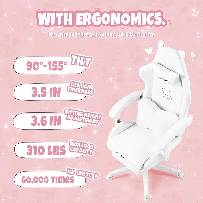 VlGOSlT Cat Ear Gaming Chair with Footrest - Adjustable Lumbar Support 310lbs Capacity.Removable Cute Ears Cotton-Filled Ergonomic Computer Chair for Girls/Teens (White)