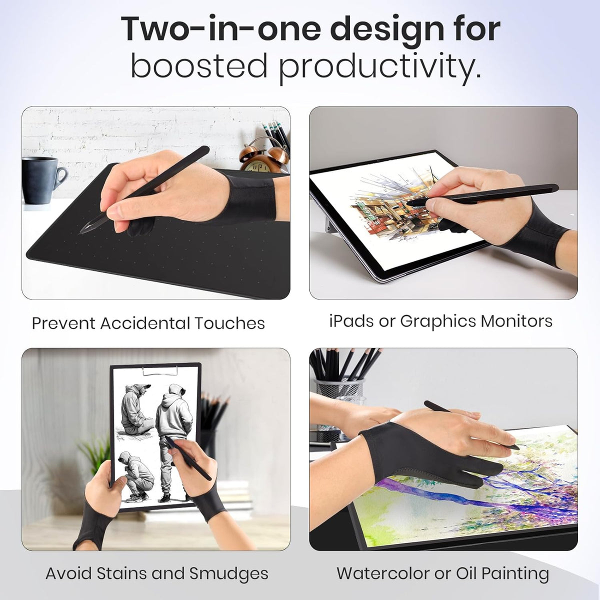 Digital Drawing Glove: 3-Layer Palm Rejection, Two-Finger Artist Glove for Drawing Tablet, iPad, Paper Sketching, Fits Left and Right Hand, Includes Cleaning Cloth (2-Pack, Medium, Black)