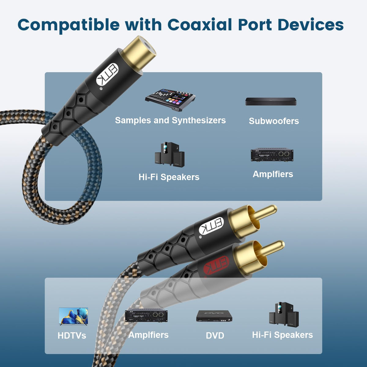 EMK RCA Splitter 2 Male to Female Extension Cable Dual Shielding Gold Plated Nylon Braided RCA Splitter 1 Female to 2 Male Cord Adapter Black/1ft/30CM