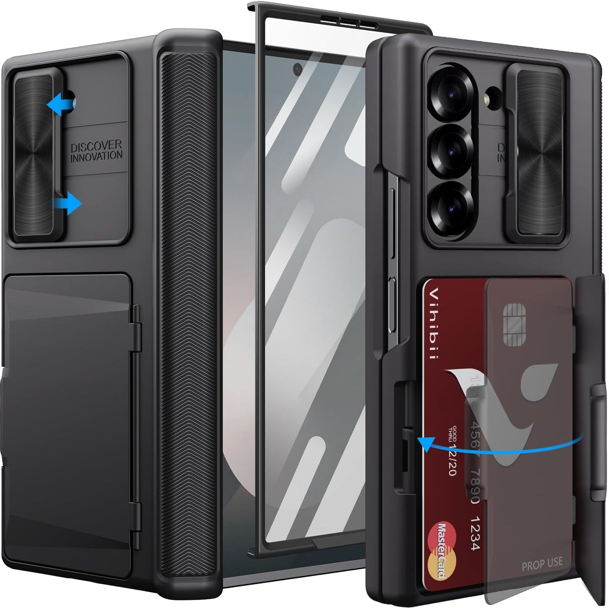 Vihibii for Samsung Galaxy Z Fold 6 Case with Card Holder & Slide Camera Cover & Screen Protector & Hinge Protection, Heavy Duty Rugged Wallet Phone Case for Samsung Galaxy Z Fold 6 2024, Black