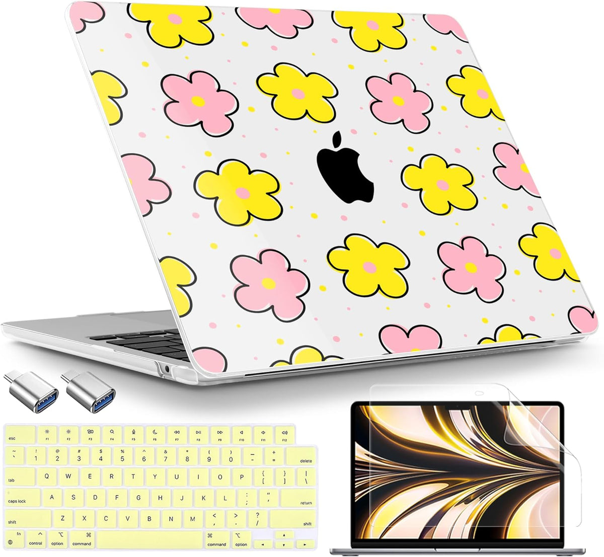TWOLSKOO Compatible with M4 MacBook Air 13.6 inch Case 2025-2022 Release M4 A3240 M3 A3113 M2 A2681, Plastic Hard Shell & Keyboard Cover & Type C Adapter & Screen Protector, Cute Flowers