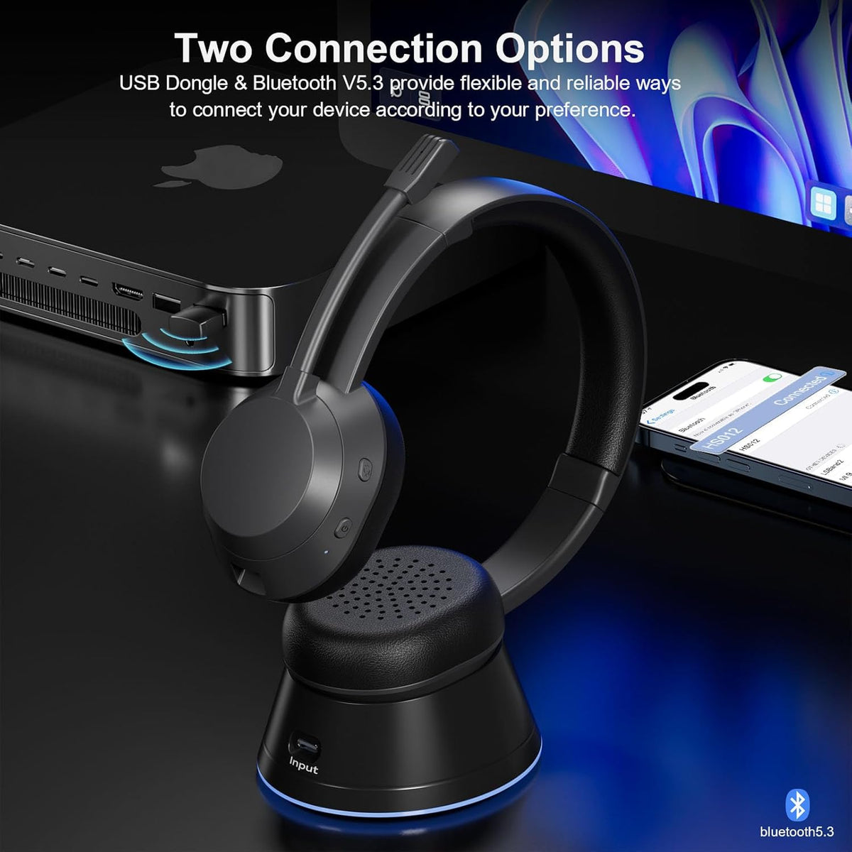 Wireless Headset with Mic for Work, Bluetooth Headset with Microphone (Noise Cancellation), Wireless Headphones with USB Dongle & Charging Dock for Call Center/Home/Computer/PC/Laptop/Teams/Zoom