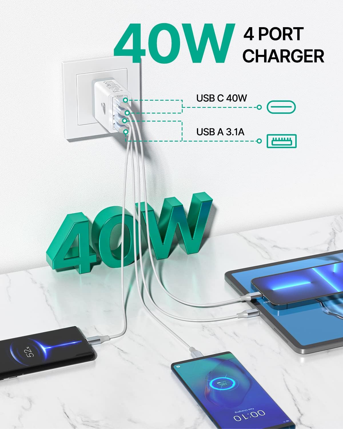 [2-Pack] USB C Wall Charger, Aiminu 40W Fast USB C Charger, 4-Port QC+PD 3.0 Power Adapter Double Fast Wall Plug Type C Charging Block for iPhone 15/14 Pro Max/13/12 mini/11/XS/XR,Tablet, Cube