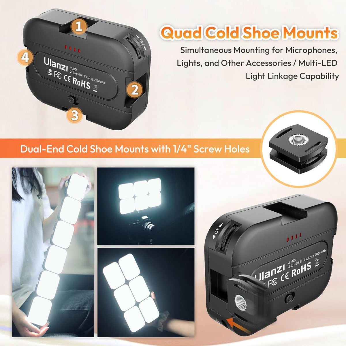 Ulanzi VL100X Selfie Light, Clip LED Light Panel for Phone/Laptop/Tablet/Computer, Bi-Color Portable Clip Camera Light with Dimmable 2500-6500K with 2000mAh Battery for Video Conference/Picture