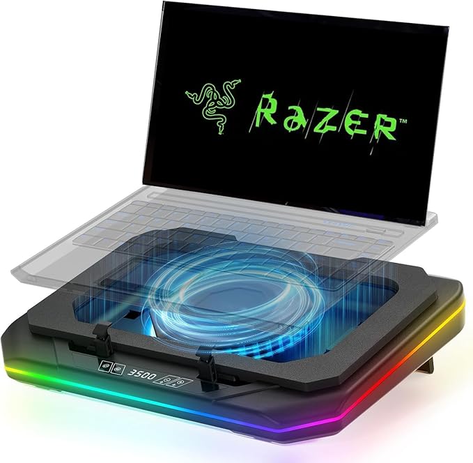 Cooling Pad for Razer Blade 15”Studio Gaming Laptop Cooler with Powerful Turbo Cooling Fan Can Fast Cooling CPU+GPU 40°C Variable Speed6 RGB Light ModeTouch Control LCD Screen 3 USB-A Port