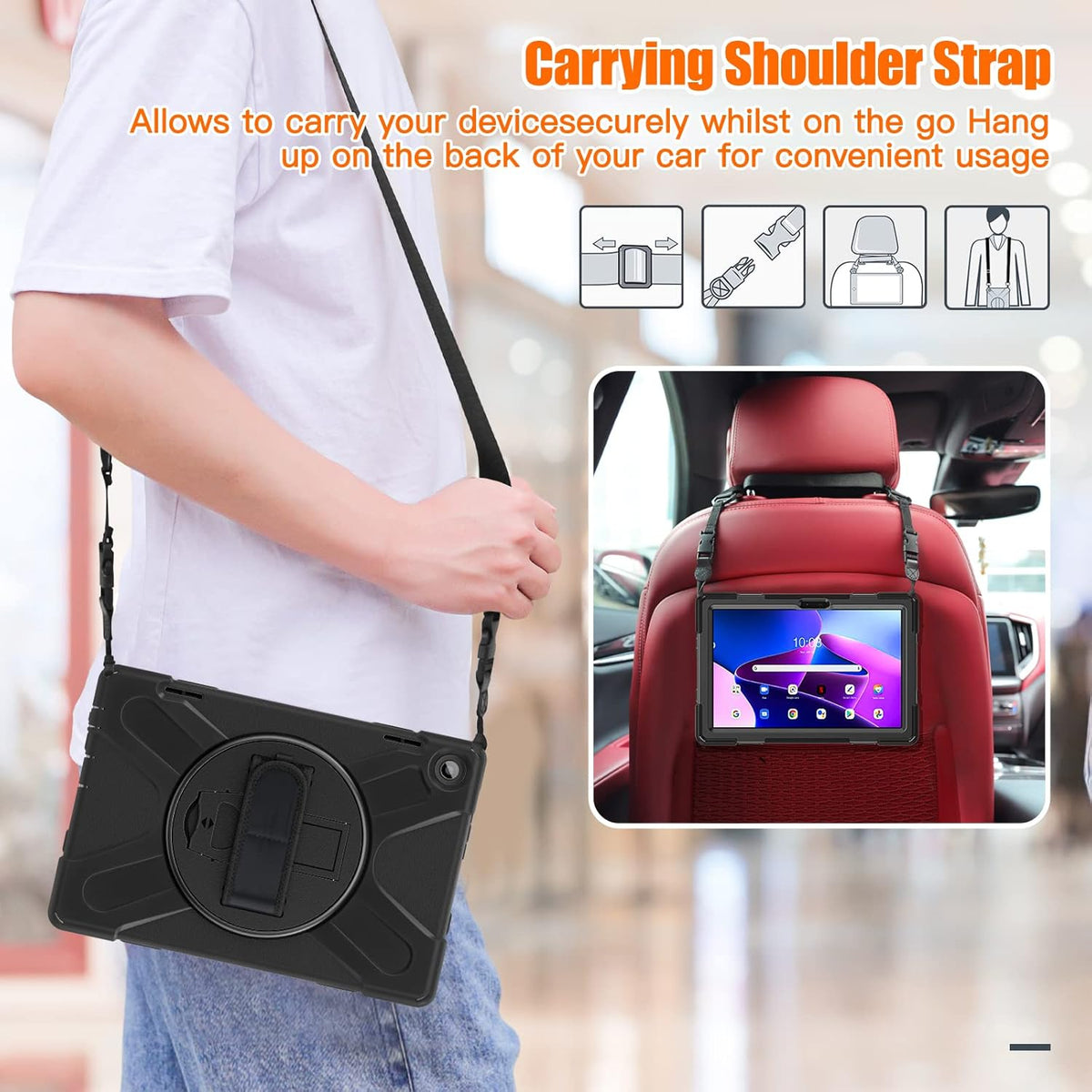 Junfire Shockproof Case for Lenovo Tab M10 3rd Gen 10.1 inch 2022, Heavy Duty Rugged Case with Hand Strap/360°Rotating Kickstand/Shoulder Belt for TB-326FU/TB-328XU,Black